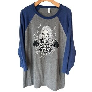 THOR Bella + Canvas Mens 3/4 Sleeve Baseball T Shirt Heather Gray Blue Size XL